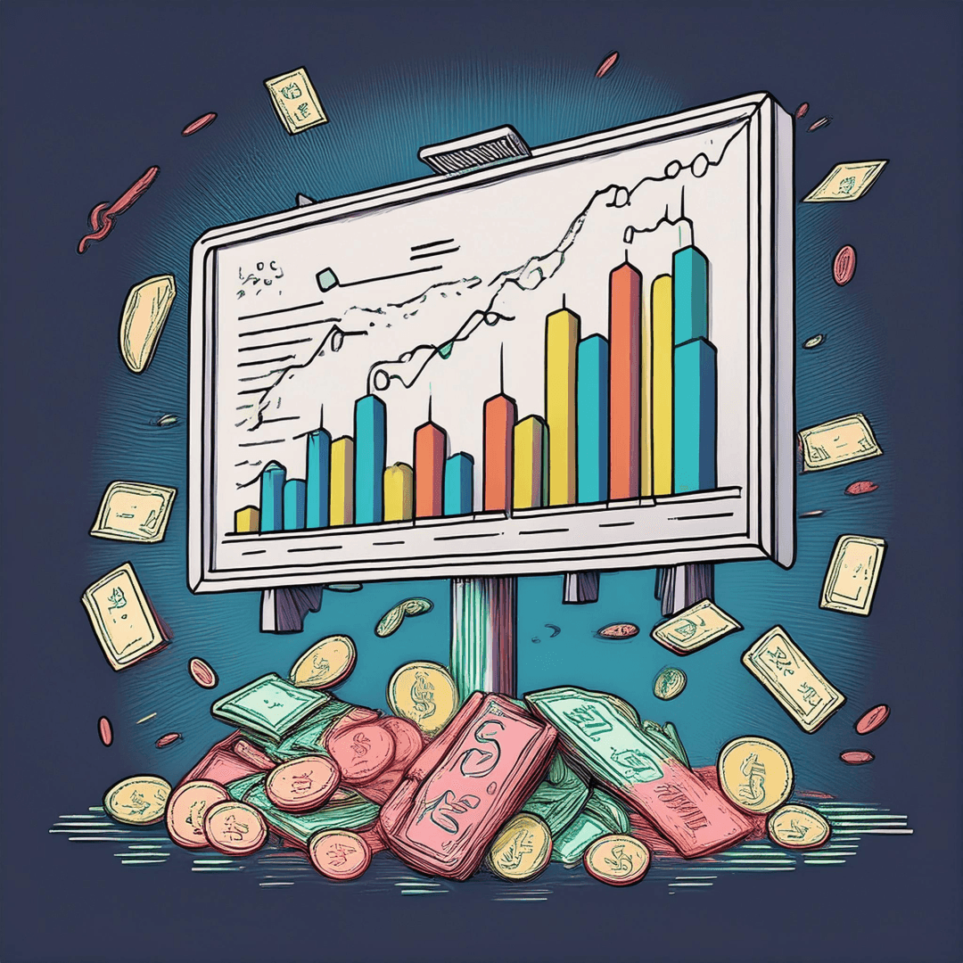 Illustration of a financial chart with upward trends, surrounded by flying currency notes and coins.