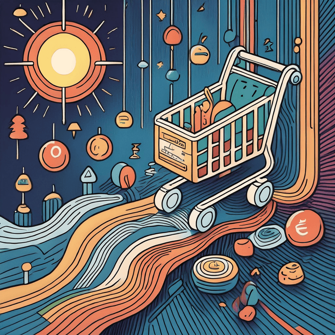 Whimsical illustration of a shopping cart on colorful paths under a sun and hanging ornaments.