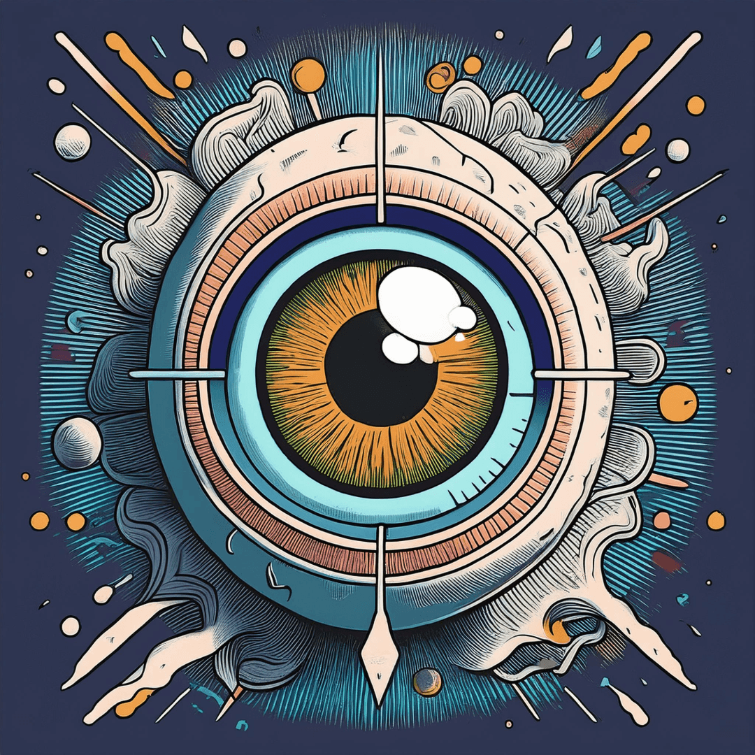 Abstract illustration of an eye with colorful, swirling designs and geometric patterns on a dark background.