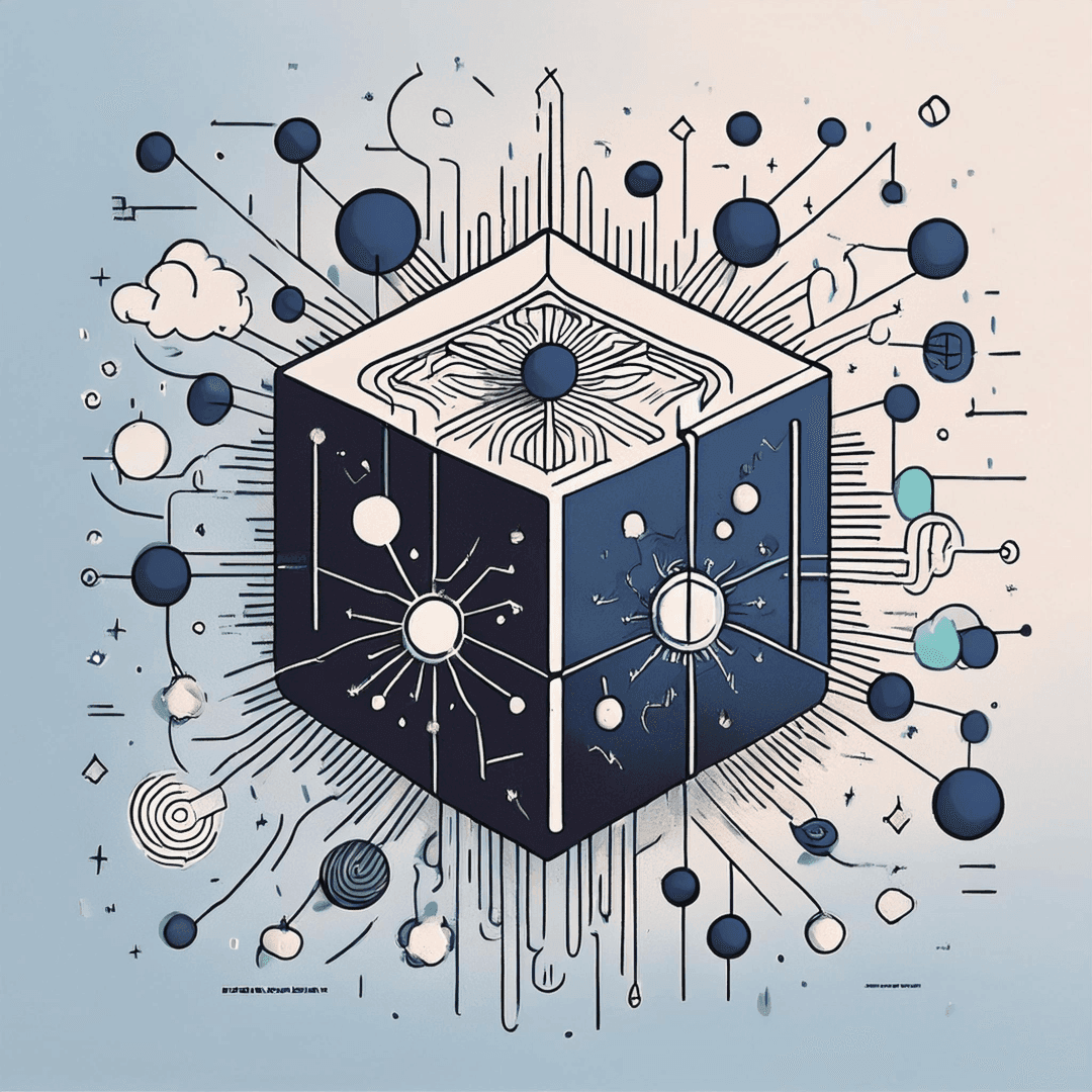 Abstract illustration of a cube surrounded by interconnected spheres and lines on a light background.