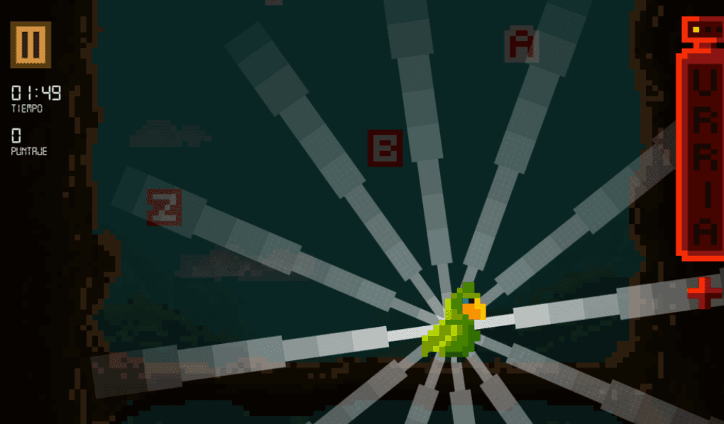 Pixelated game screen featuring a green bird surrounded by rotating beams and lettered blocks.