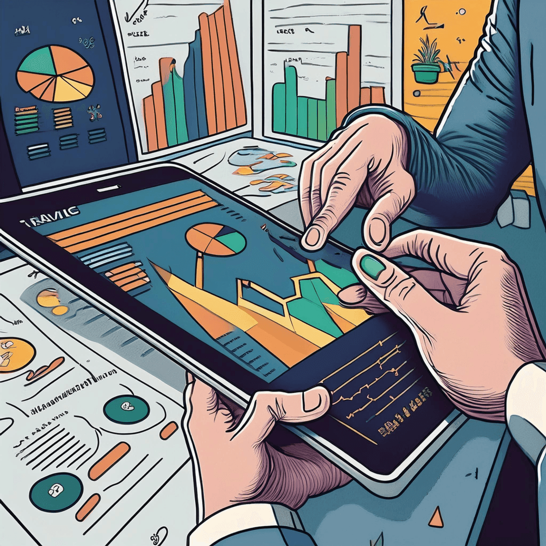 Illustration of hands interacting with a tablet displaying colorful graphs and charts, surrounded by data sheets.