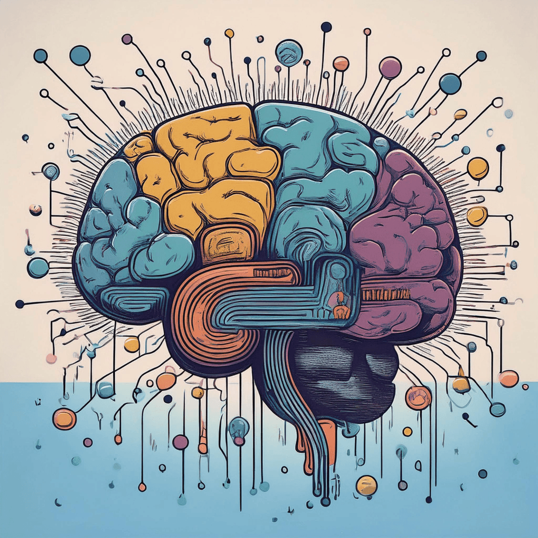 Colorful abstract illustration of a brain with geometric lines and dots extending outward.