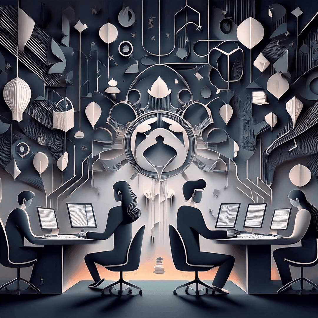 Abstract illustration of people working at computers, surrounded by futuristic and geometric designs on the walls.